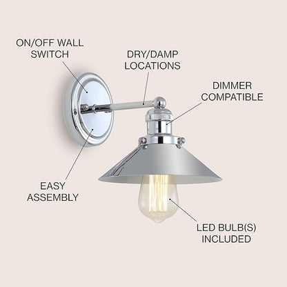 JONATHAN Y 7.8" Chrome 1-Light Industrial Farmhouse Metal Vanity Light Wall Sconce, Metal Shade for Bathroom Mirror, Kitchen, Entryway, LED Bulb Included JYL7423A