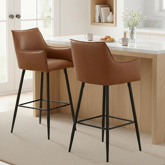 Brown Leather Bar Stools Set of 2, Mid Century Modern Upholstered Kitchen Chairs with Arms and Black Metal Legs 30” Height Stools with Back for Dining Room Home Pub Faux Leather in Brown
