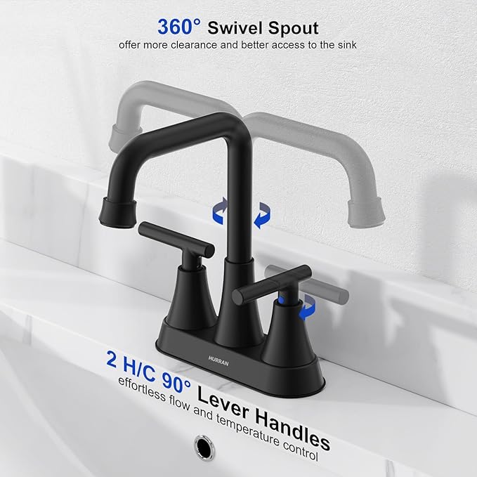 Matte Black Bathroom Sink Faucet, Hurran 4 inch Bathroom Faucets for Sink 3 Hole with Pop-up Drain and Supply Lines, Stainless Steel 2-Handle Centerset Faucet for Vanity RV Restroom