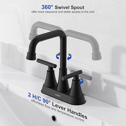Matte Black Bathroom Sink Faucet, Hurran 4 inch Bathroom Faucets for Sink 3 Hole with Pop-up Drain and Supply Hoses, 360 Swivel Spout Centerset Faucet for Vanity RV Farmhouse, 2 Pack