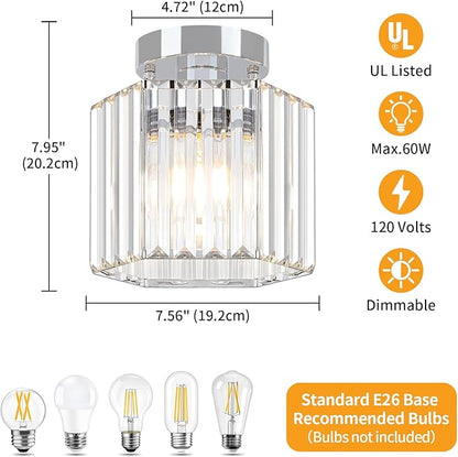 TOULMJ 2 Pack Chrome Semi Flush Mount Ceiling Light, Modern Crystal Hallway Light Fixtures Kitchen Lighting Close to Ceiling Lights for Bathroom Entryway Bedroom Foyer Laundry Room