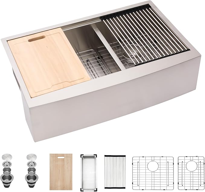 33 Farmhouse Sink Double Bowl - Kichae 33 Inch Apron Front Stainless Steel Double Bowl Low Divided 60/40 Ledge Workstation Handmade Farm Kitchen Sink