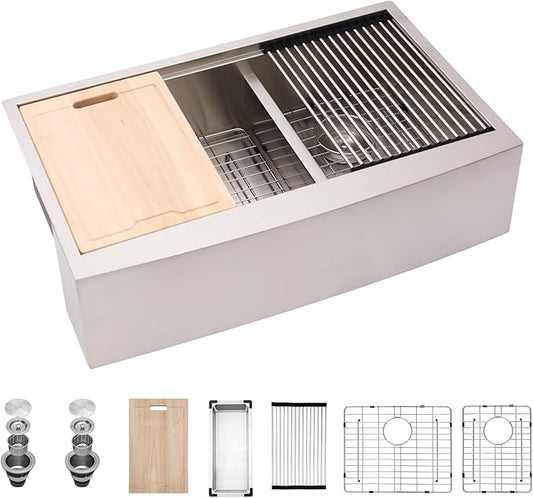 33 Farmhouse Sink Double Bowl - Kichae 33 Inch Apron Front Stainless Steel Double Bowl Low Divided 60/40 Ledge Workstation Handmade Farm Kitchen Sink