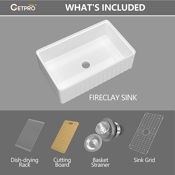 GETPRO White Farmhouse Sink 33 X 20 Fireclay Apron Front Undermount Workstation Kitchen Sink Single Bowl Reversible Farm House Style Extra Deep & Wide with Cutting Board & Accessory Kit