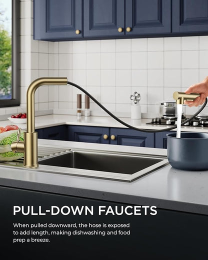FORIOUS Gold Kitchen Faucet with Pull Down Sprayer, Stainless Steel Single Handle Classic Pull Out Sink Faucet for Farmhouse Laundry RV Bar, with Deck Plate for 1 or 3 Holes