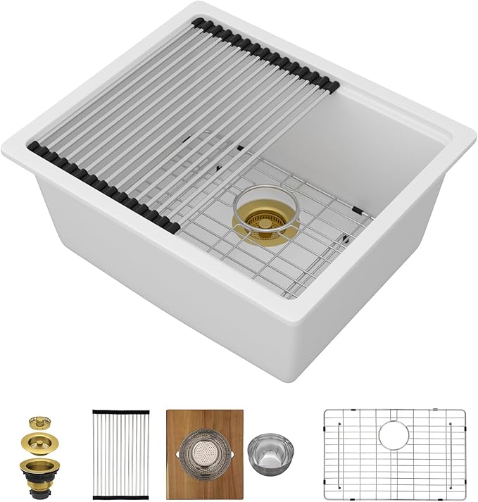 21"x18" Undermount Bar Sink Workstation - 21 Inch Granite Composite White Quartz Classic Single Bowl Under Counter Small Prep Rv Sink All-In One #TLGU-139