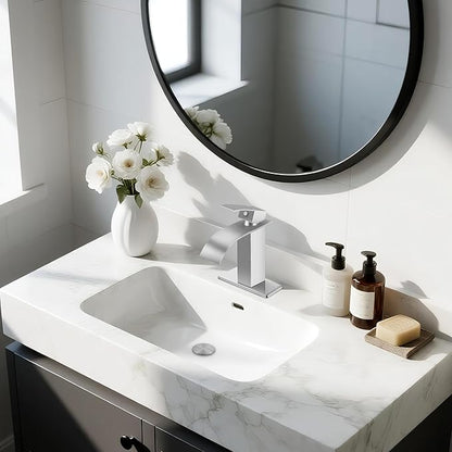 Brushed Nickel Bathroom Faucets, Waterfall Bathroom Sink Faucet Single Handle Bathroom Faucet for 1 or 3 Hole, Mixer Tap Vanity Faucet with Deck Plate, Pop-up Drain and Supply Hoses