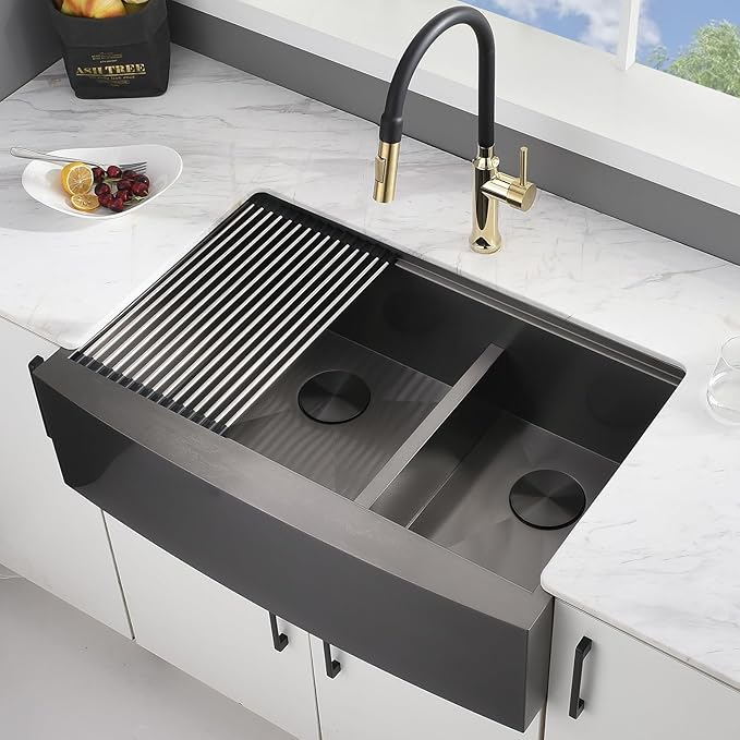 33x22 Double Bowl Farm Sink for Kitchens Workstation - 33 Inch Black Stainless Steel Farmhouse Kitchen Sink Double Bowl, Apron Undermount Double Kitchen Sink with Accessories