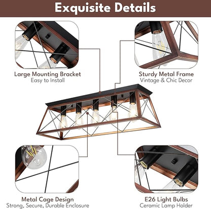 31.5" Flush Mount Ceiling Light, 5-Light Industrial Vintage Chandelier with Matte Black & Brushed Bronze Finish, Large Close to Ceiling Lighting for Dining Room, Kitchen Island, Living Room, Hallway