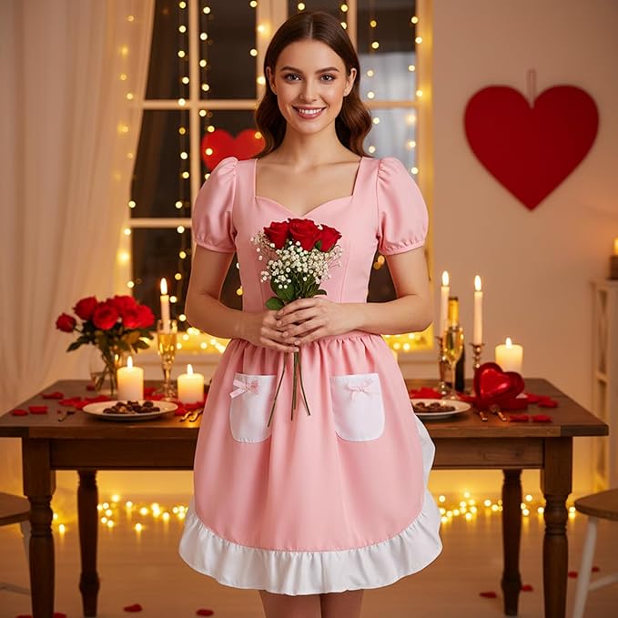 Geyoga Pink Waist Aprons for Women with Pockets Kitchen Waitress Maid Apron Vintage Skirt Cute White Ruffle Costume