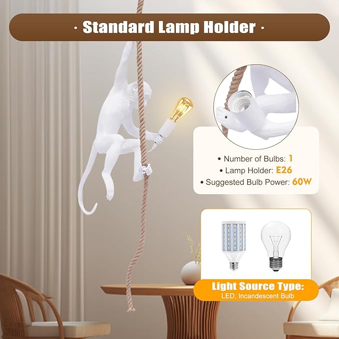 Vintage Monkey Chandelier, Retro Resin Hemp Rope Monkey Pendant Light Fixture, Hanging Ceiling Lamp E26 for Dining Living Room Bedroom Bar Cafe-White