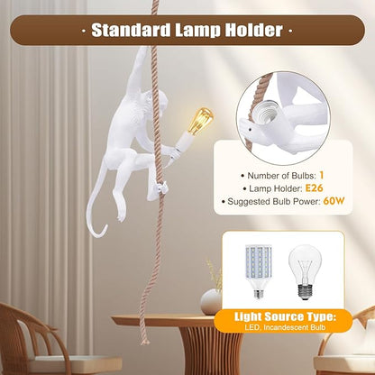 Vintage Monkey Chandelier, Retro Resin Hemp Rope Monkey Pendant Light Fixture, Hanging Ceiling Lamp E26 for Dining Living Room Bedroom Bar Cafe-White