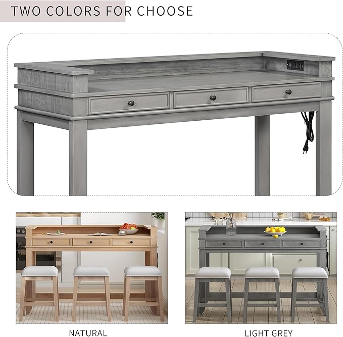 4-Piece Counter High Bar Table Set with Drawers & Charging Station,Counter Height Dining Table Set with Rectangle Table & 3 Upholstered Chairs,Dinette sets for Breakfast Nook,Small Place,Light Grey