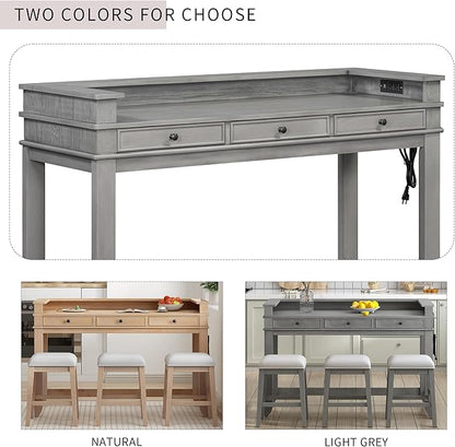 4-Piece Counter High Bar Table Set with Drawers & Charging Station,Counter Height Dining Table Set with Rectangle Table & 3 Upholstered Chairs,Dinette sets for Breakfast Nook,Small Place,Light Grey