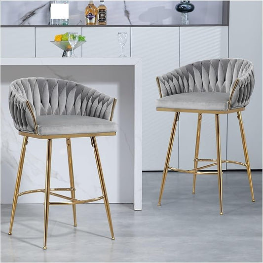 26'' Counter Height bar stools Set of 2 Kitchen Island Counter bar Stool with Hand- Wave Back, Golden Chromed Base and footrest,for Living Room