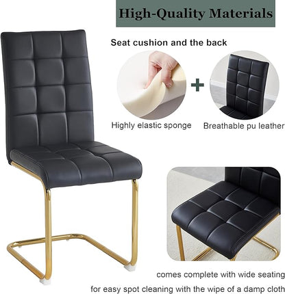 5-Piece Glass Dining Table Set, 63" Black Kitchen Table with O-Shape MDF Base, Dining Room Set for 4 with 4 Leather Upholstered Chair for Kitchen, Dining Room (Black,Gold)