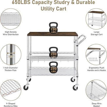 Rolling Kitchen Carts on Wheels With Storage,650Lbs Heavy Duty Metal Cart with Wheels,3 Tier Rolling Cart with Wooden Top,NSF Utility Cart with Handle for Food Cart Serving Carts,30.3"L*31.9"H*18.1"W