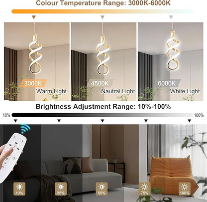 Modern Led Pendant Light Fixture, 15W Spiral Led Chandelier Hanging Lamp, 3000K-6000K, Dimmable Pendant Lamp, Adjustable Height Pendant Light for Kitchen Island Dining Room Bedroom Cafe (Gold)