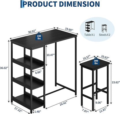 GarveeHome 3-Piece Kitchen Table Set with Storage Shelves & 2 Bar Stools - Iron and Wood Dining Table for Small Spaces, Apartments, Condos, Black
