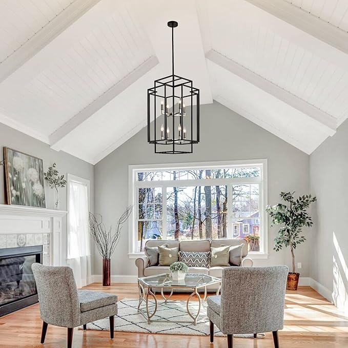 8-Light Farmhouse Chandelier, Modern Foyer Lighting Fixtures 31.5" Entryway Chandeliers for High Ceilings, Black & Silver Lantern Pendant Light, for Living Room,Staircase,Hallway