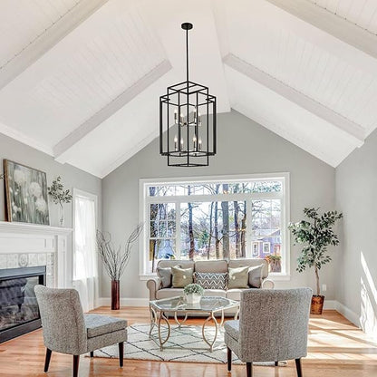 8-Light Farmhouse Chandelier, Modern Foyer Lighting Fixtures 31.5" Entryway Chandeliers for High Ceilings, Black & Silver Lantern Pendant Light, for Living Room,Staircase,Hallway