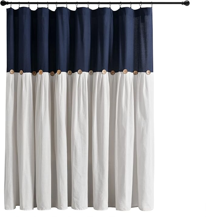 Lush Decor Linen Button Window Curtain Panel, Single, 100" W x 84" L, Navy & White - Country Curtains - Rustic Decor - Color Block Modern Farmhouse Curtains For Living Room, Bedroom & Dining Room