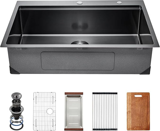 VEVOR Drop In Kitchen Sink 33 Inch Kitchen Sink Workstation, 304 Stainless Steel Top Mount Sinks, Drop-In Single Bowl with Ledge & Multiple Accessories Sink for RV, Prep Kitchen, Bar 33 x 22 x 9inch