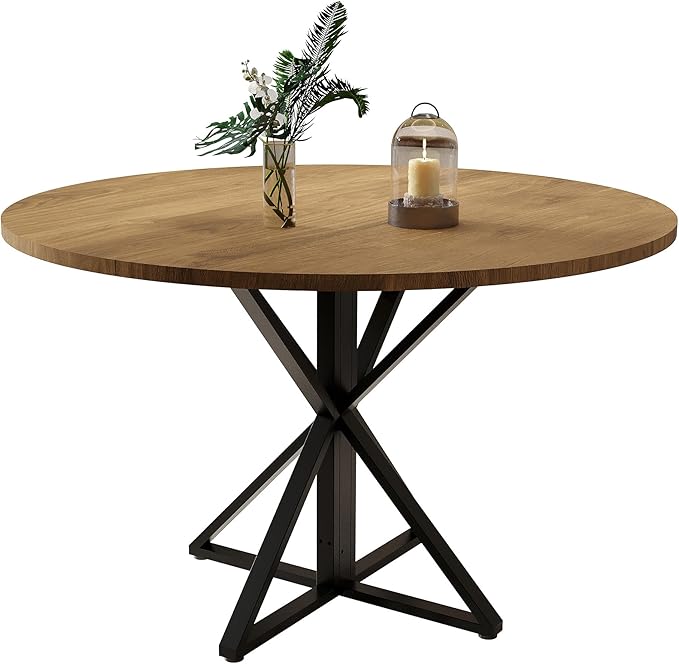 GarveeHome 47 Inch Round Dining Table for 4, Circle Kitchen Table with Pedestal Base, Farmhouse Wooden Dining Table for Small Spaces, Kitchen & Dining Room, Living Room（Brown/Only Table）