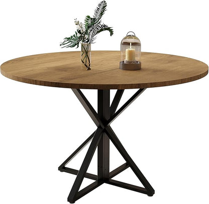 GarveeHome 47 Inch Round Dining Table for 4, Circle Kitchen Table with Pedestal Base, Farmhouse Wooden Dining Table for Small Spaces, Kitchen & Dining Room, Living Room（Brown/Only Table）