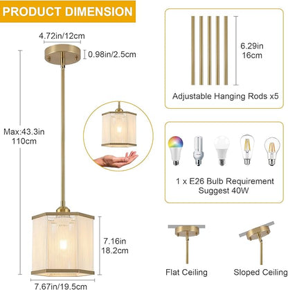 2-Pack Gold Woven Pendant Lights, 7.67" Mini Boho Rattan Hanging Pendant Light Fixtures, Modern Hexagonal Island Lights for Kitchen Island, Foyer, Hallway, E26 Base, Brass