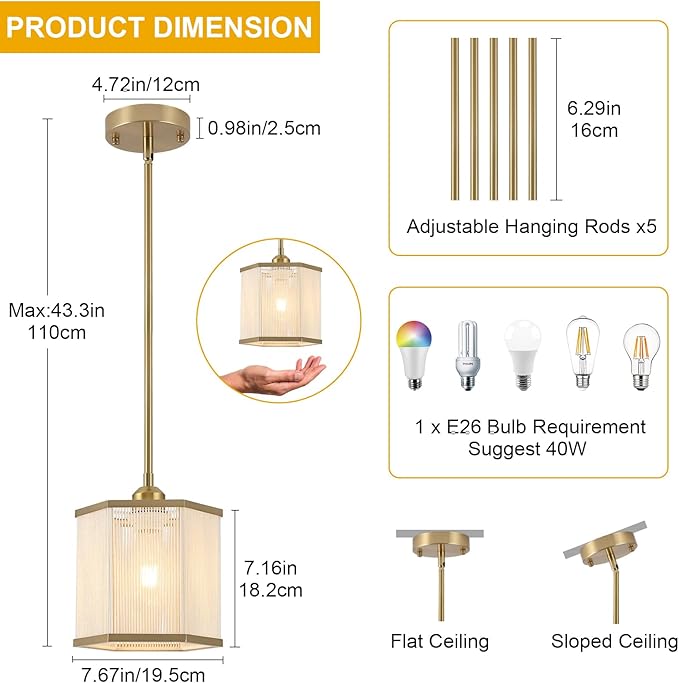 3-Pack Modern Gold Rattan Pendant Light Fixtures, 7.67" Hand-Woven Hexagonal Island Lighting, Boho Hanging Pendant for Kitchen Island, Dining Room, Hallway, E26 Base