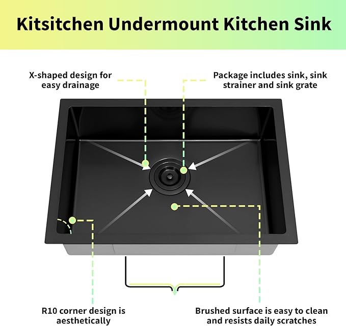 Kitsitchen Black RV Ktichen Sink, 27" x 16" x 7" Black Undermount Kitchen Sink,Stainless Steel Single Bowl Kitchen Sink with Strainer & Bottom Gird Used at RV, Outdoor and Camper