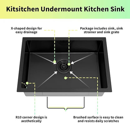 Kitsitchen Black RV Kitchen Sink,SUS304 Stainless Steel Single Bowl Black Undermount Kitchen Sink,7 Inch Depth RV Sink with Strainer & Bottom Gird, Outdoor Camper Prep Sinks(25"x16"x7")