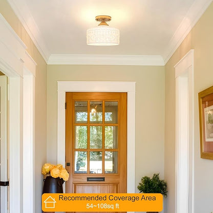 Daunton Artistic Gold Handcrafted Semi Flush Mount Ceiling Light - 12 Inch Vintage White Glass Shade with Etched Patterns, Easy Install Small Ceiling Light Fixture for Hallway, Kitchen, Bedroom