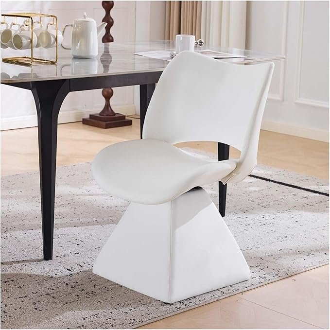 360° Swivel Dining Chair with Curved High Backrest, Comfy Faux Leather Kitchen Chair with Solid Wood Frame, Upholstered Seat for Kitchen Island Desk Living Room(White)