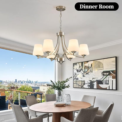 6-Light Brushed Nickel Chandeliers for Dining Room with Frosted Glass Farmhouse Silver Ceiling Hanging Lighting Fixtures Classic Pendant Lamp for Living Room,Dining Table,47.2 Height Adjustable