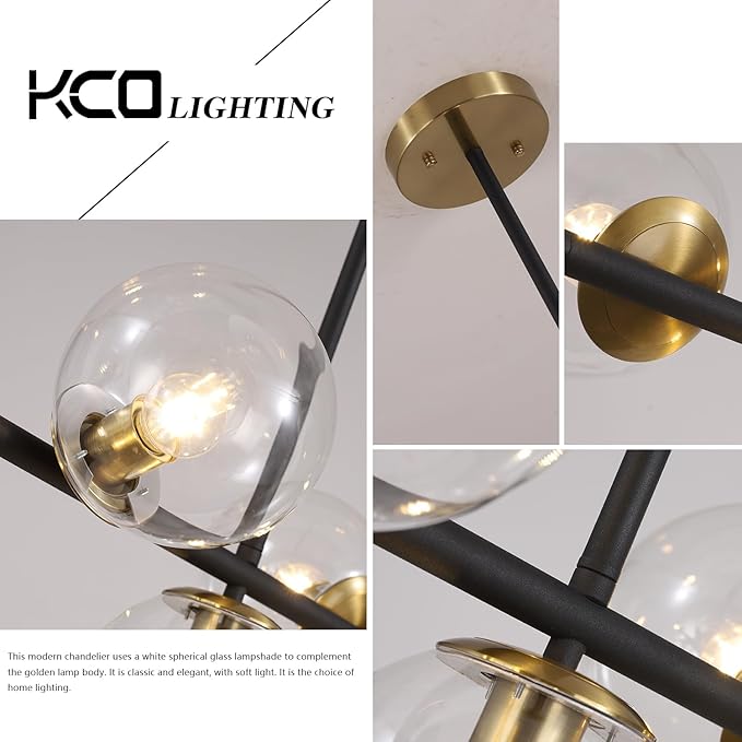 KCO Lighting Black and Brass Chandelier Light Fixture 7 Light Clear Glass Bubble Chandelier Modern Large Globe Sputnik Chandeliers Farmhouse Gold Linear Kitchen Pendant Lighting