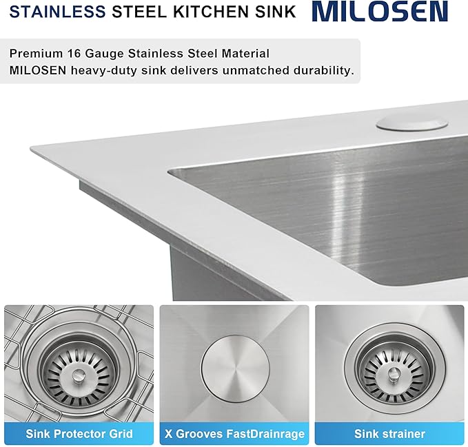 MILOSEN 17 x 19 inch Drop in Bar Sink, 304 Stainless Steel Topmount RV Small Kitchen Sink, Deep Outdoor Single Bowl Wet Bar&Prep Sinks with Bottom Grid and Strainer, Brushed Nickel