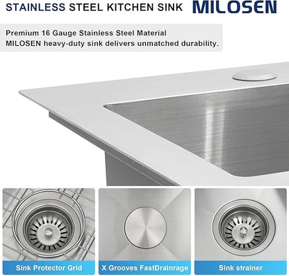 MILOSEN 17 x 19 inch Drop in Bar Sink, 304 Stainless Steel Topmount RV Small Kitchen Sink, Deep Outdoor Single Bowl Wet Bar&Prep Sinks with Bottom Grid and Strainer, Brushed Nickel