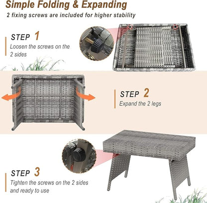 ReunionG Outdoor Patio Wicker Table, Portable Folding Table with Rattan and Steel Frame, Leisure Coffee Table, All Weather Standing Side Table for Lawn Garden, Courtyard, Poolside (Grey)
