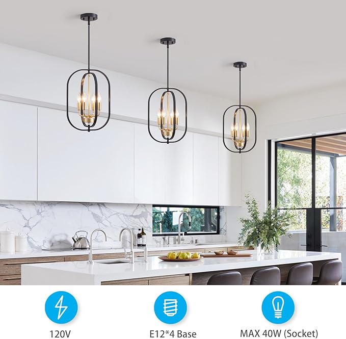 XINGQI Modern Black Gold Chandelier Farmhouse 4-Light for Dining Room, Geometric Adjustable Rustic Pendant Lighting Fixture for Entryway Living Room Kitchen Foyer