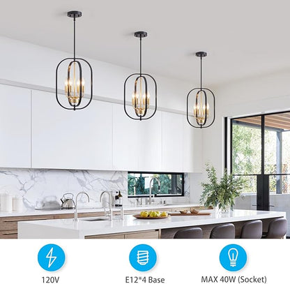 XINGQI Modern Black Gold Chandelier Farmhouse 4-Light for Dining Room, Geometric Adjustable Rustic Pendant Lighting Fixture for Entryway Living Room Kitchen Foyer