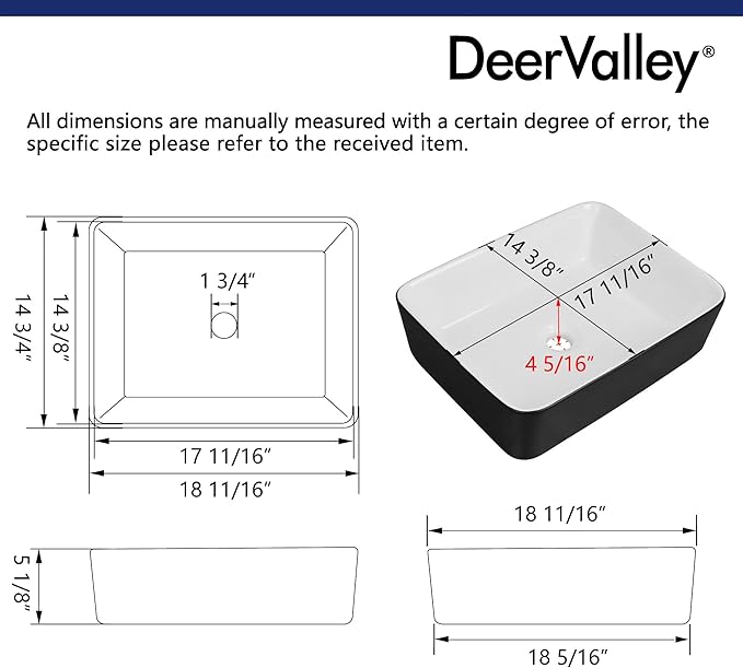 DeerValley DV-1V0001 Bathroom Vessel Sink 19" x 15" Above Counter Sink Rectangle Ceramic Bathroom Sink, Black and White Sinks