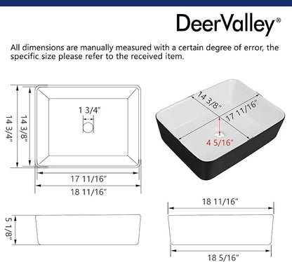 DeerValley DV-1V0001 Bathroom Vessel Sink 19" x 15" Above Counter Sink Rectangle Ceramic Bathroom Sink, Black and White Sinks