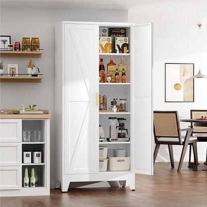 Kitchen Pantry Cabinet,71" H x 31.5" W,Metal Farmhouse Storage Cabinet with Adjustable Shelves and Barn Doors,5-Tier Storage Cabinet for Kitchen Dining Room Garage,White 1 Pack