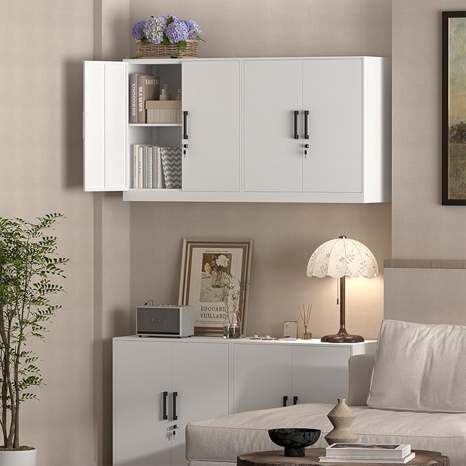IRONFFICE Wall Cabinet,Metal Storage Cabinet with 2 Doors,Locking Wall Cabinets for Office,Home,White