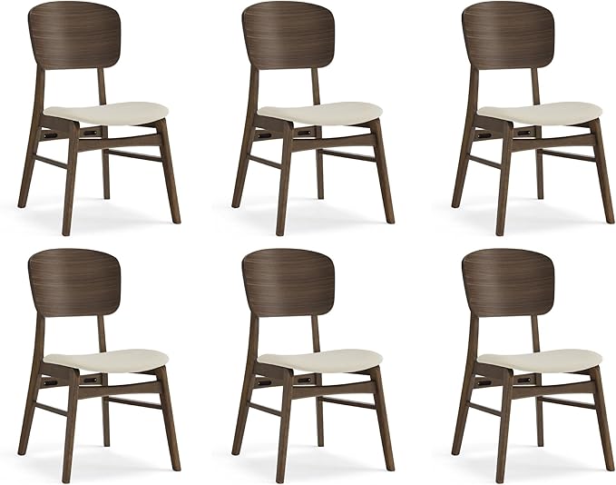 KISLOT Wooden Dining Chairs Set of 6, Upholstered Modern Dining Room Chairs, Mid Century Oak Kitchen Chairs with Ergonomic Wood Backrest for Farmhouse, Restaurant, Café (Cream Fabric & Walnut Color)