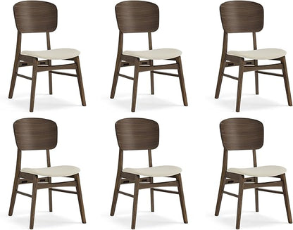 KISLOT Wooden Dining Chairs Set of 6, Upholstered Modern Dining Room Chairs, Mid Century Oak Kitchen Chairs with Ergonomic Wood Backrest for Farmhouse, Restaurant, Café (Cream Fabric & Walnut Color)
