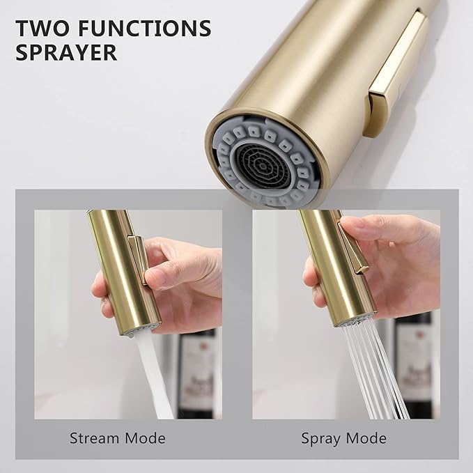 Gold Kitchen Faucet with Pull Down Sprayer - Modern Single Handle Pull Down Kitchen Sink Faucet with Deck Plate | Stainless Steel Brass Kitchen Faucet for 1 & 3 Hole Brushed Gold