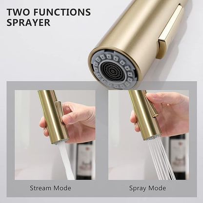 Gold Kitchen Faucet with Pull Down Sprayer - Modern Single Handle Pull Down Kitchen Sink Faucet with Deck Plate | Stainless Steel Brass Kitchen Faucet for 1 & 3 Hole Brushed Gold